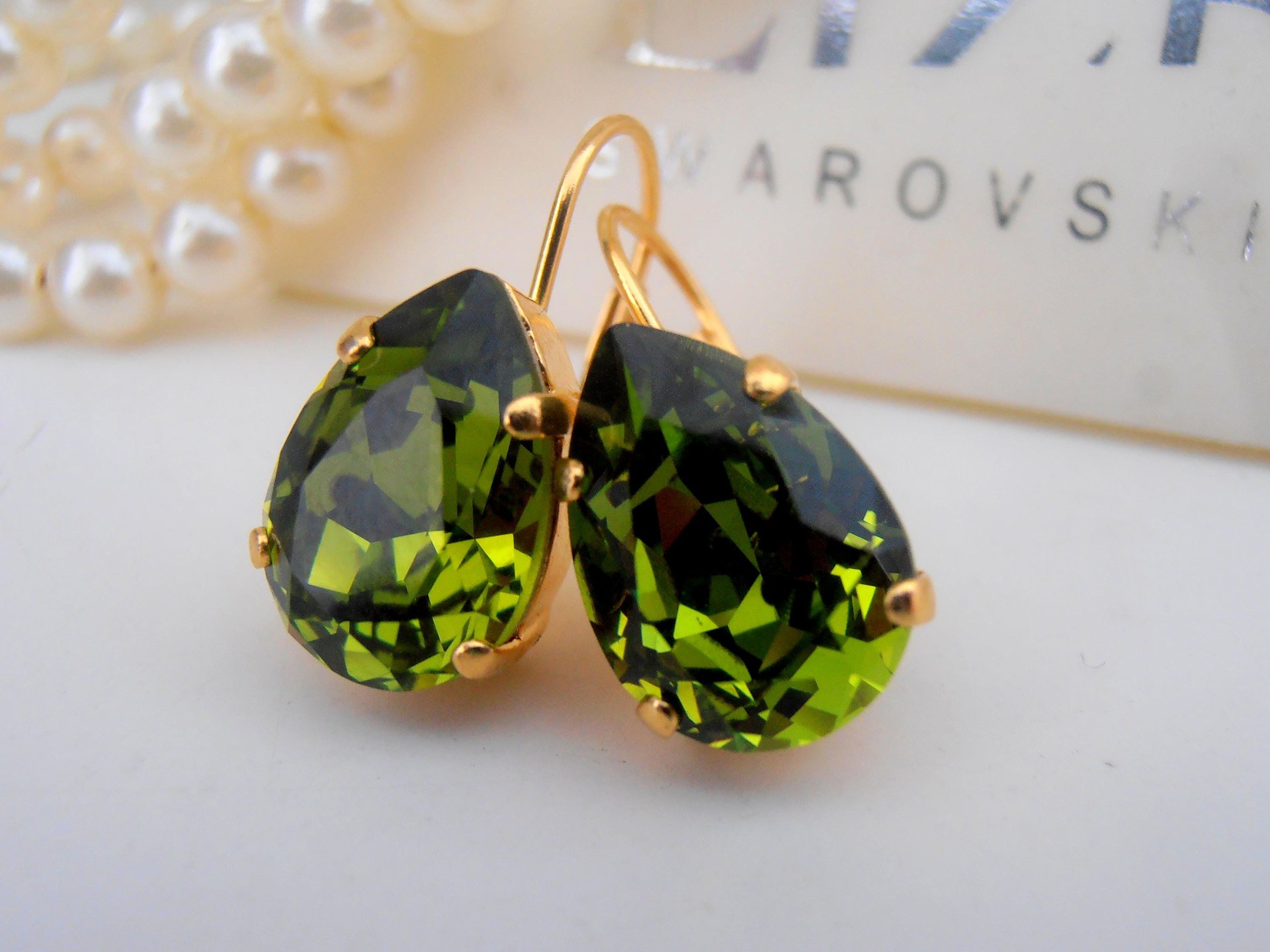 Green Olivine Teardrop Crystal Earrings in Gold