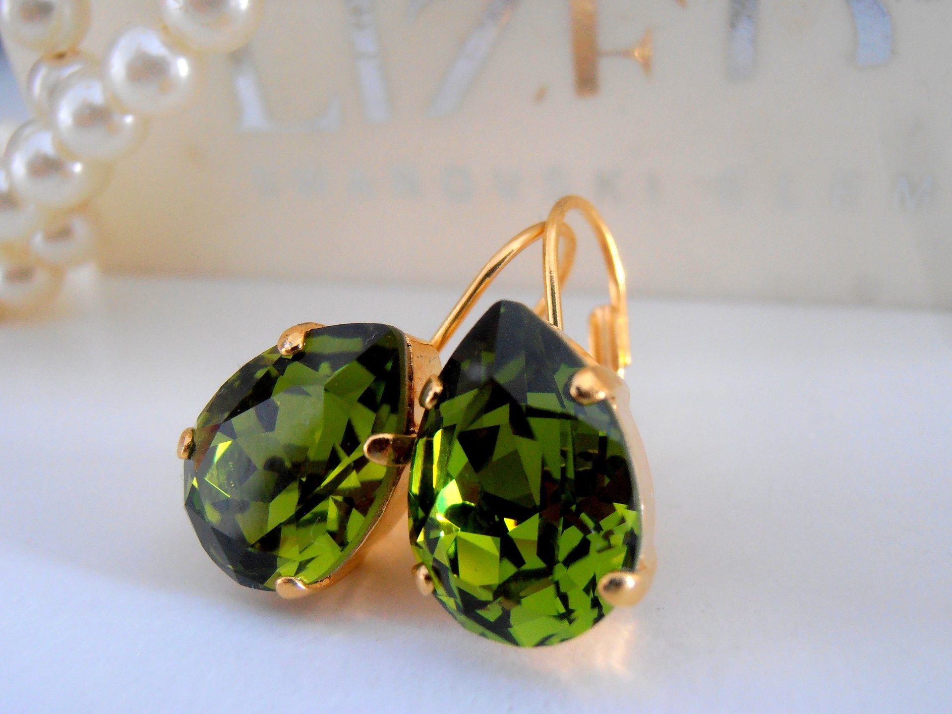 Green Olivine Teardrop Crystal Earrings in Gold