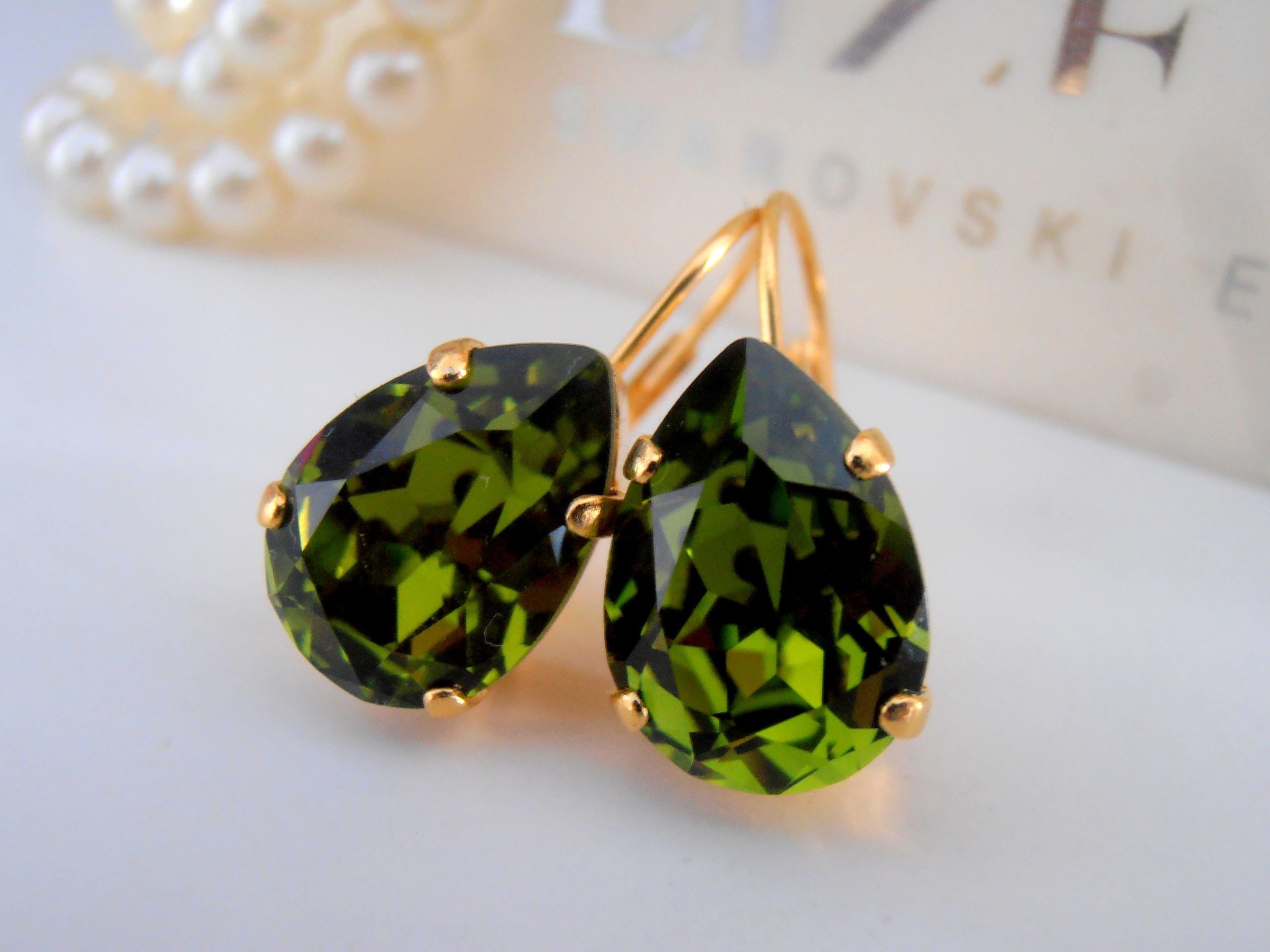 Green Olivine Teardrop Crystal Earrings in Gold