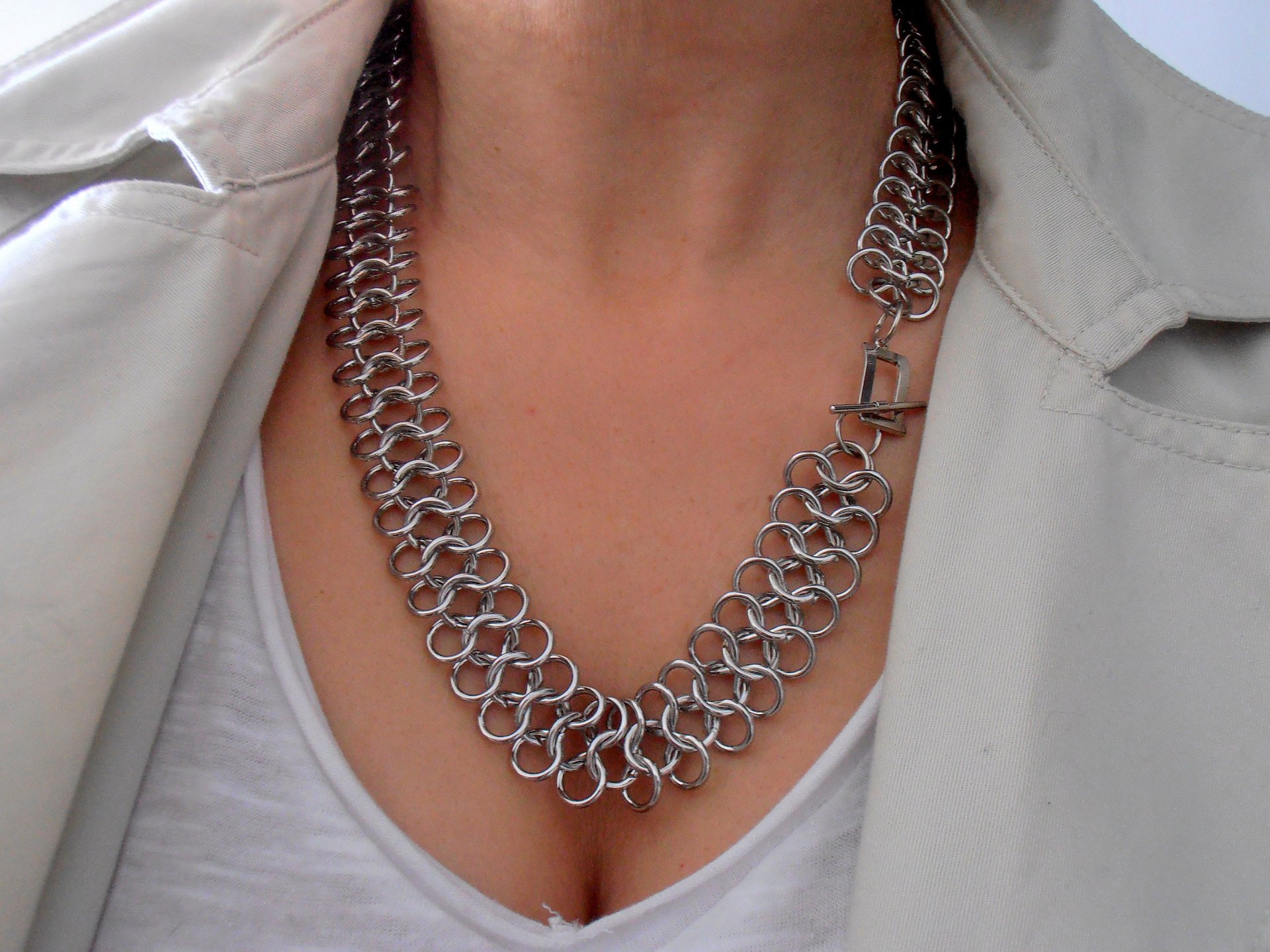 Statement Chainmaille Necklace, Flat Thick Chainmail Jewelry for Women, Weave Bohemian Long Chain Necklace, Fashion Accessories