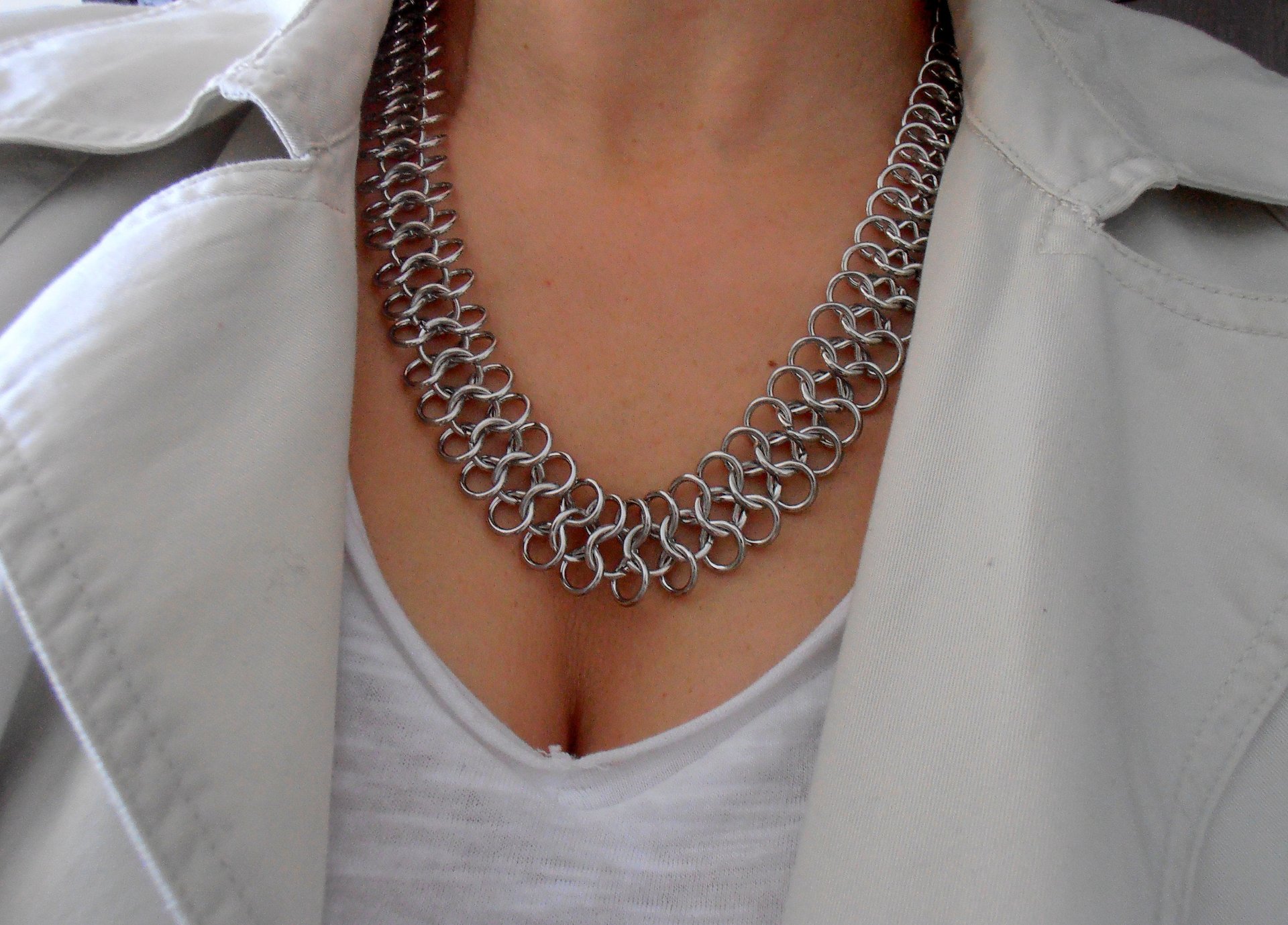 Statement Chainmaille Necklace, Flat Thick Chainmail Jewelry for Women, Weave Bohemian Long Chain Necklace, Fashion Accessories