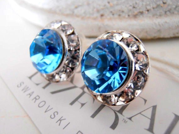 Blue Aquamarine Halo Crystal Earrings | Bridesmaids Jewelry