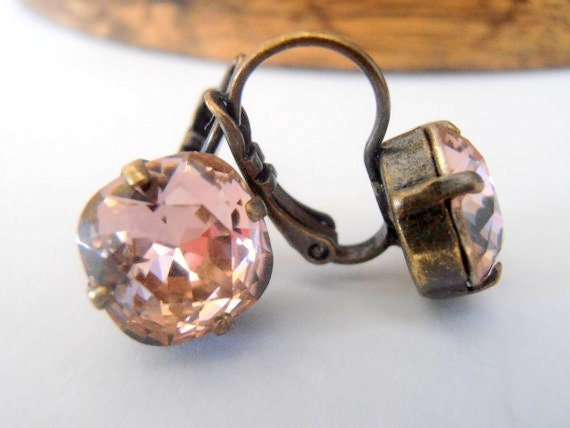 Vintage Rose Crystal Dangle Earrings in Antique Bronze