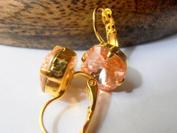 Peach Rose Cushion Cut Crystal Earrings 4470 12mm, Gold Jewelry, Square Lever back, Birthday Gift