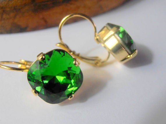 Fern Green Cushion Cut Gold Earrings 4470 / Leverback Dangle & Drop 12mm / Crystal Jewelry / Birthday Gift / Fashion Accessories