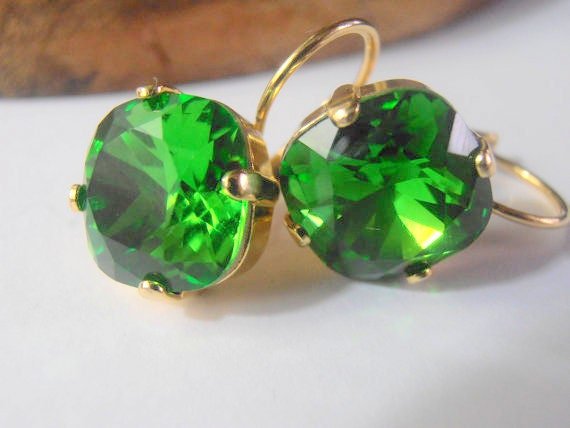 Fern Green Cushion Cut Gold Earrings 4470 / Leverback Dangle & Drop 12mm / Crystal Jewelry / Birthday Gift / Fashion Accessories