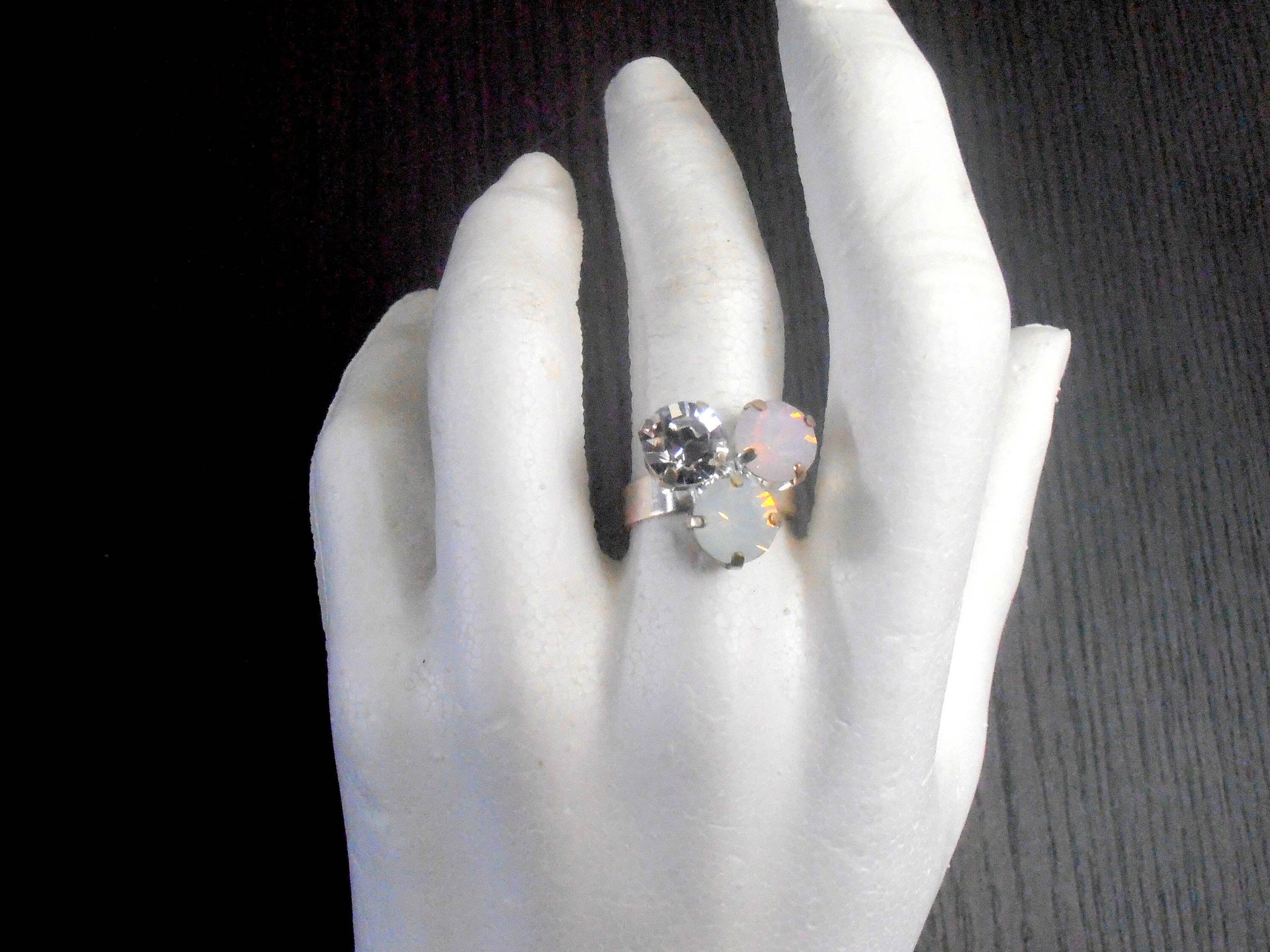 White Opal/Rose Water Opal Adjustable Ring with  Round Chatons / Silver Stacking Multi stone Crystal Ring / Birthday Gift