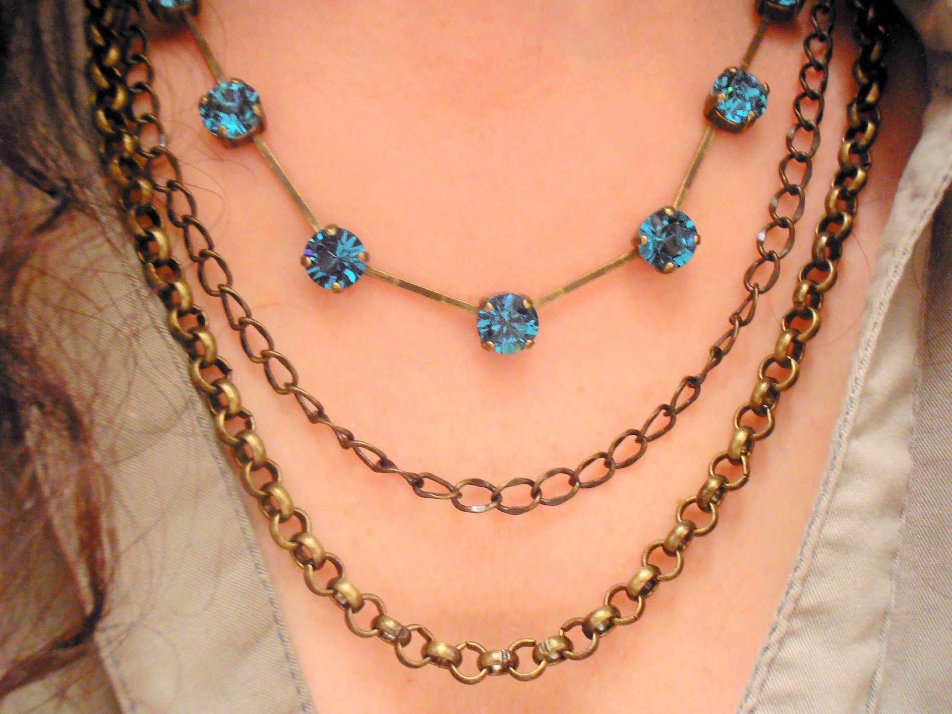 Indicolite Blue Long Chain Necklace, Multi Strand Antique Bronze Layered Jewelry, Birthday gift