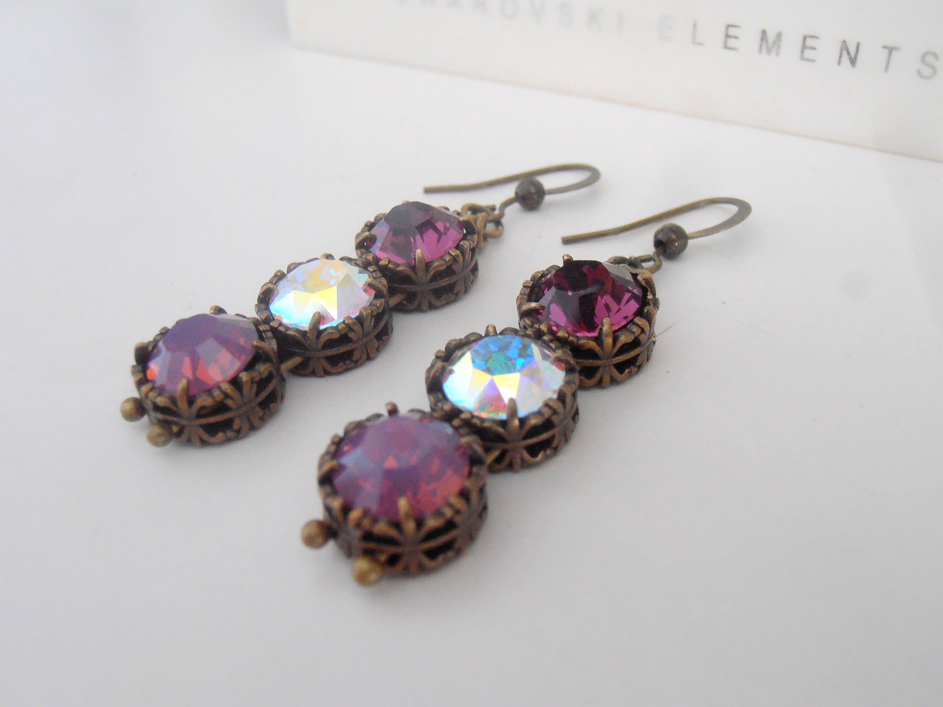 Aurora Borealis/Amethyst Drop Earrings with Crystal Chatons / Art Nouveau Antique Bronze Jewelry / Birthday Gift