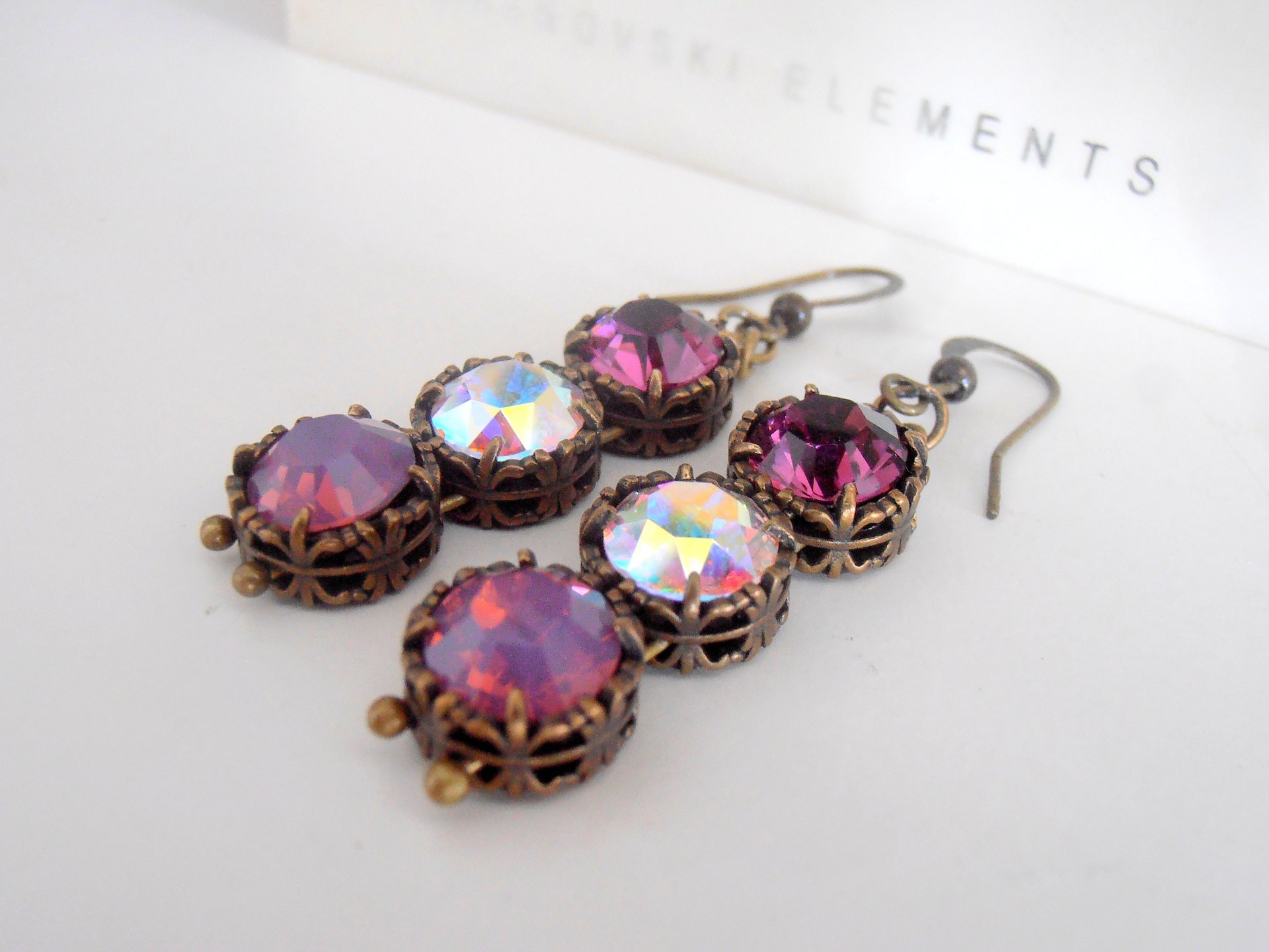 Aurora Borealis/Amethyst Drop Earrings with Crystal Chatons / Art Nouveau Antique Bronze Jewelry / Birthday Gift