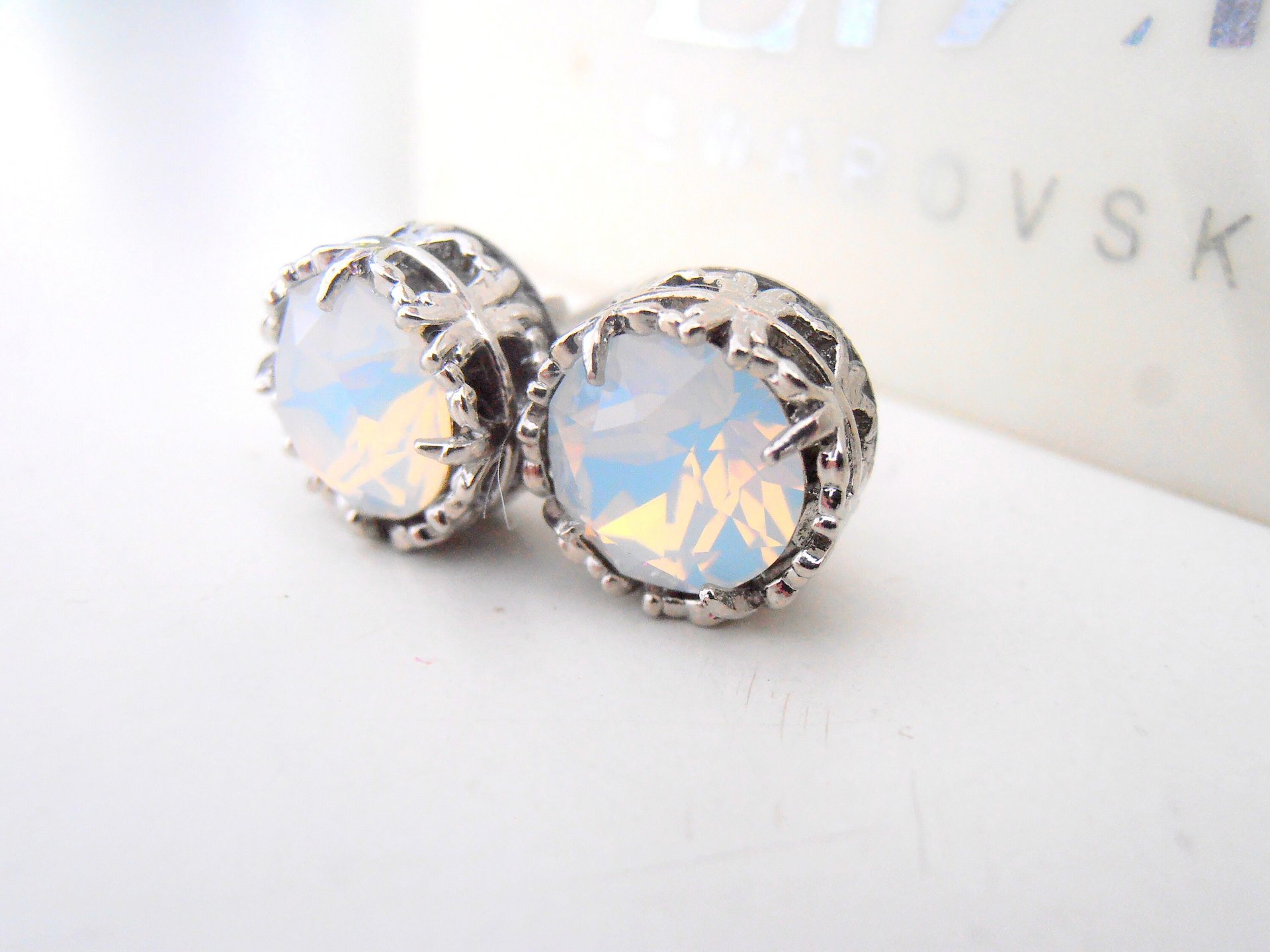 White Opal Stud Earrings with Austrian Crystals in Platinum | Art Deco Style Jewelry