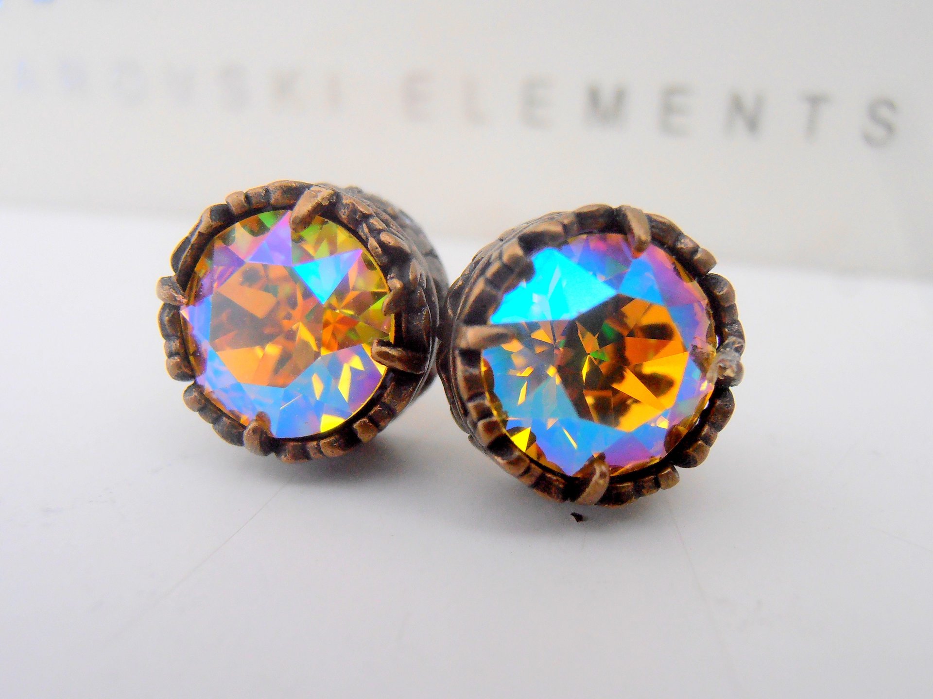 Light Topaz Shimmer Rhinestone Post Earrings / Antique Bronze Jewelry / Crystal Studs Pierced / Women Birthday Gift