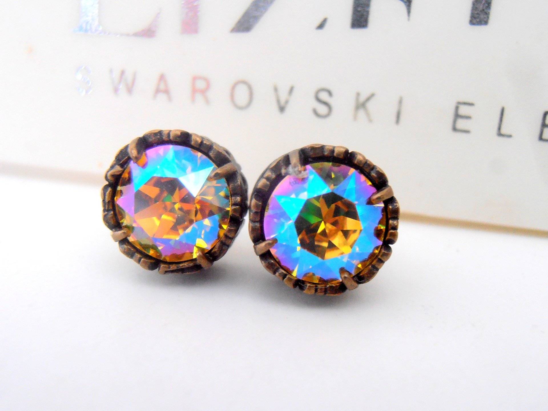 Light Topaz Shimmer Rhinestone Post Earrings / Antique Bronze Jewelry / Crystal Studs Pierced / Women Birthday Gift