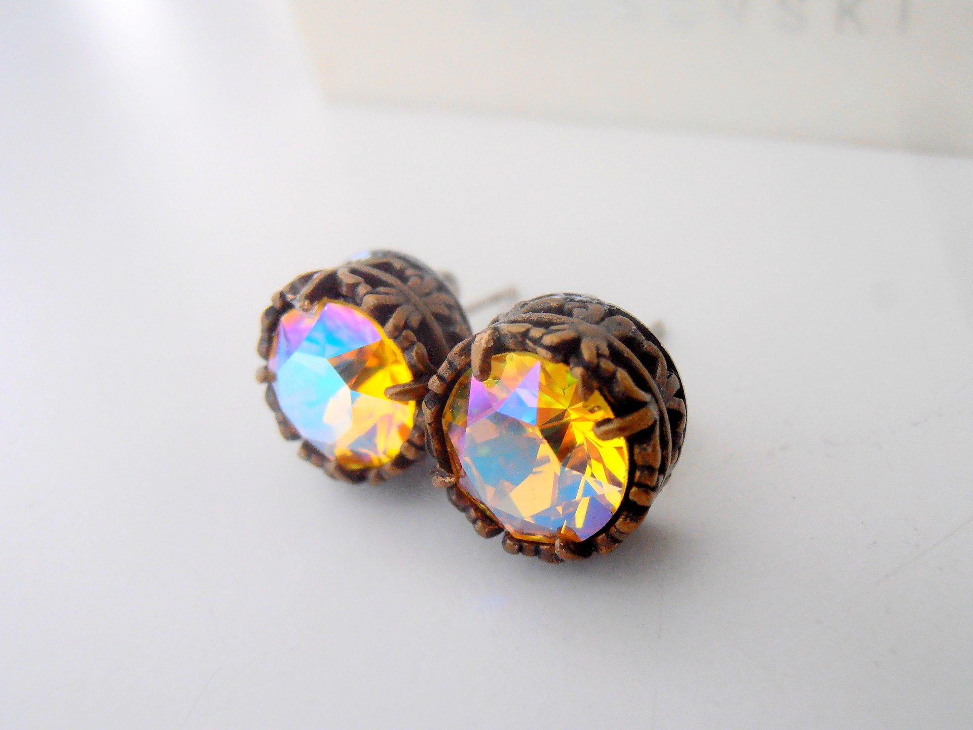 Light Topaz Shimmer Rhinestone Post Earrings / Antique Bronze Jewelry / Crystal Studs Pierced / Women Birthday Gift