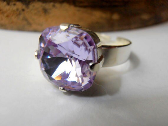 Provence Lavender Cushion Cut Adjustable Ring, Crystals 4470 12mm, Rhodium Square Statement Finger Ring, Women's Gift