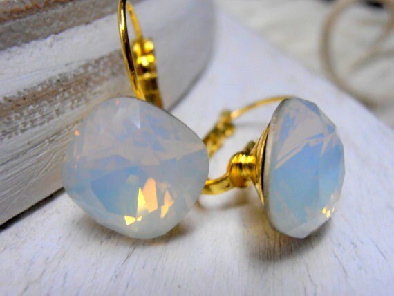 White Opal Cushion Cut Earrings / Bridesmaids Gold Dangle&Drop Leverback Earrings / Bridal Wedding Jewelry For Her