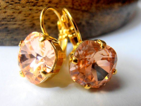 Peach Rose Cushion Cut Crystal Earrings 4470 12mm, Gold Jewelry, Square Lever back, Birthday Gift