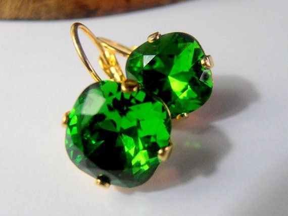 Fern Green Cushion Cut Gold Earrings 4470 / Leverback Dangle & Drop 12mm / Crystal Jewelry / Birthday Gift / Fashion Accessories