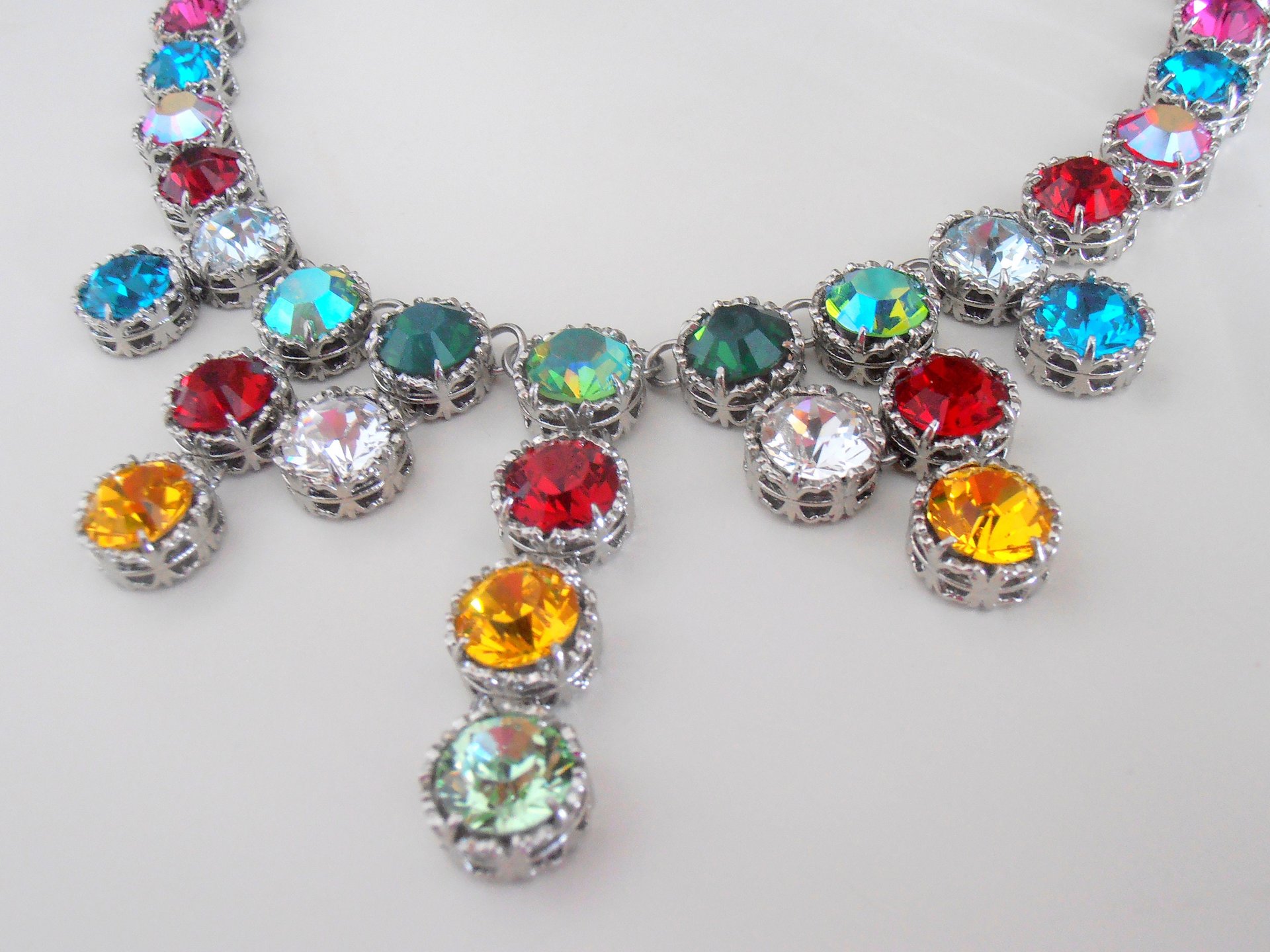 Art Deco Floral Statement Necklace with Colorful Crystals in Platinum, Bridgerton Daphne Necklace, Regency Jewelry, Birthday Gift for Wife