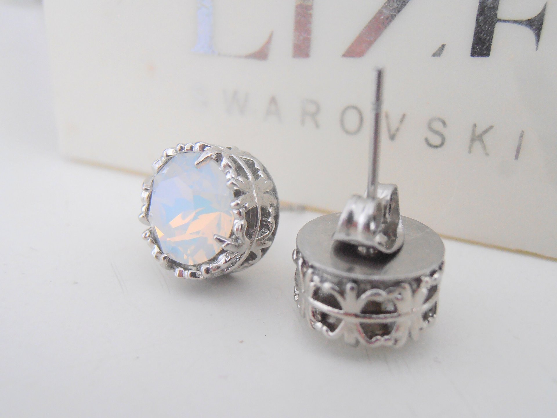 White Opal Stud Earrings with Austrian Crystals in Platinum | Art Deco Style Jewelry