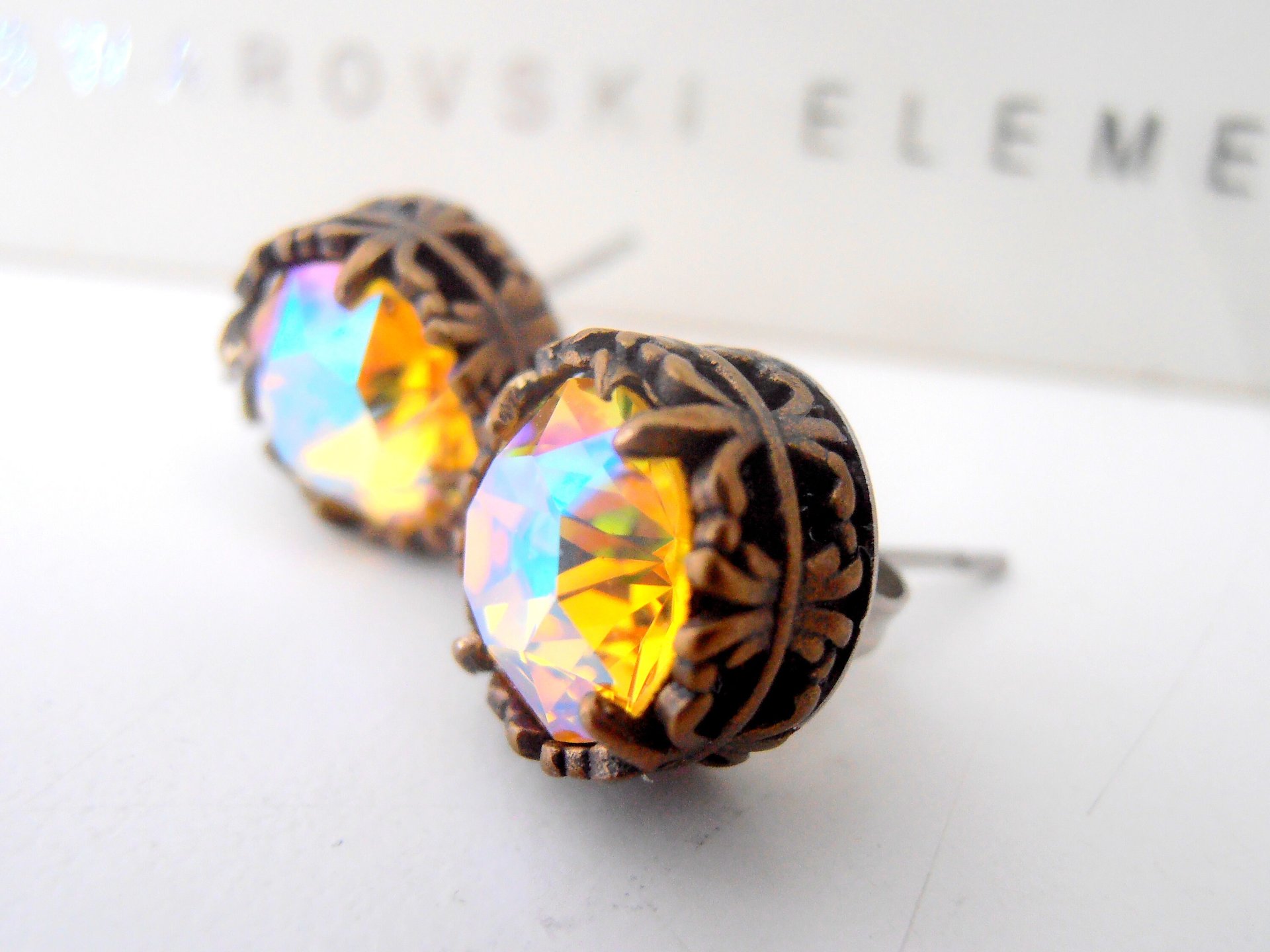 Light Topaz Shimmer Rhinestone Post Earrings / Antique Bronze Jewelry / Crystal Studs Pierced / Women Birthday Gift