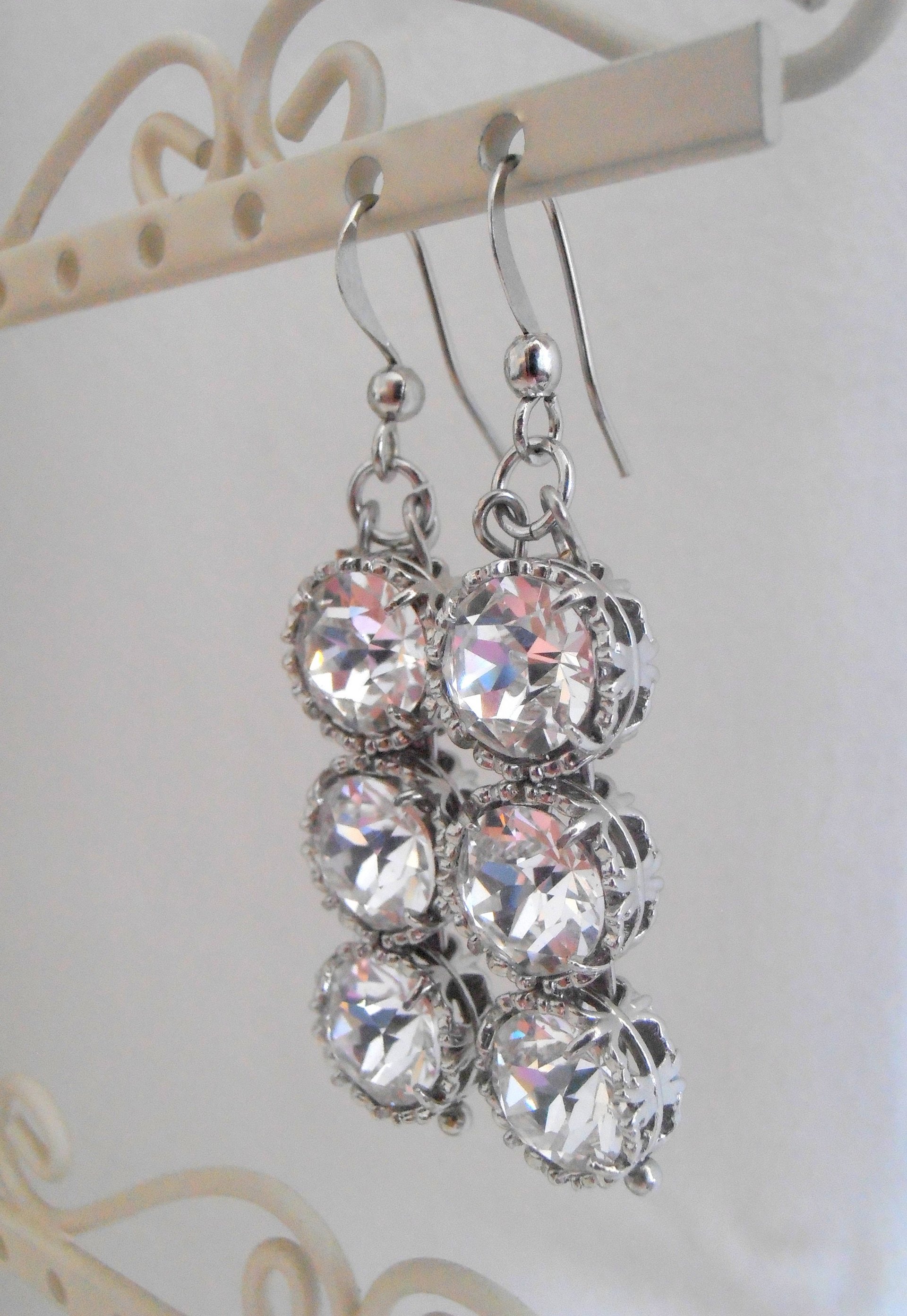 Diamond Clear Long Bridal Earrings / Wedding Day Art Deco Jewelry / Statement Dangles / Anniversary Gift