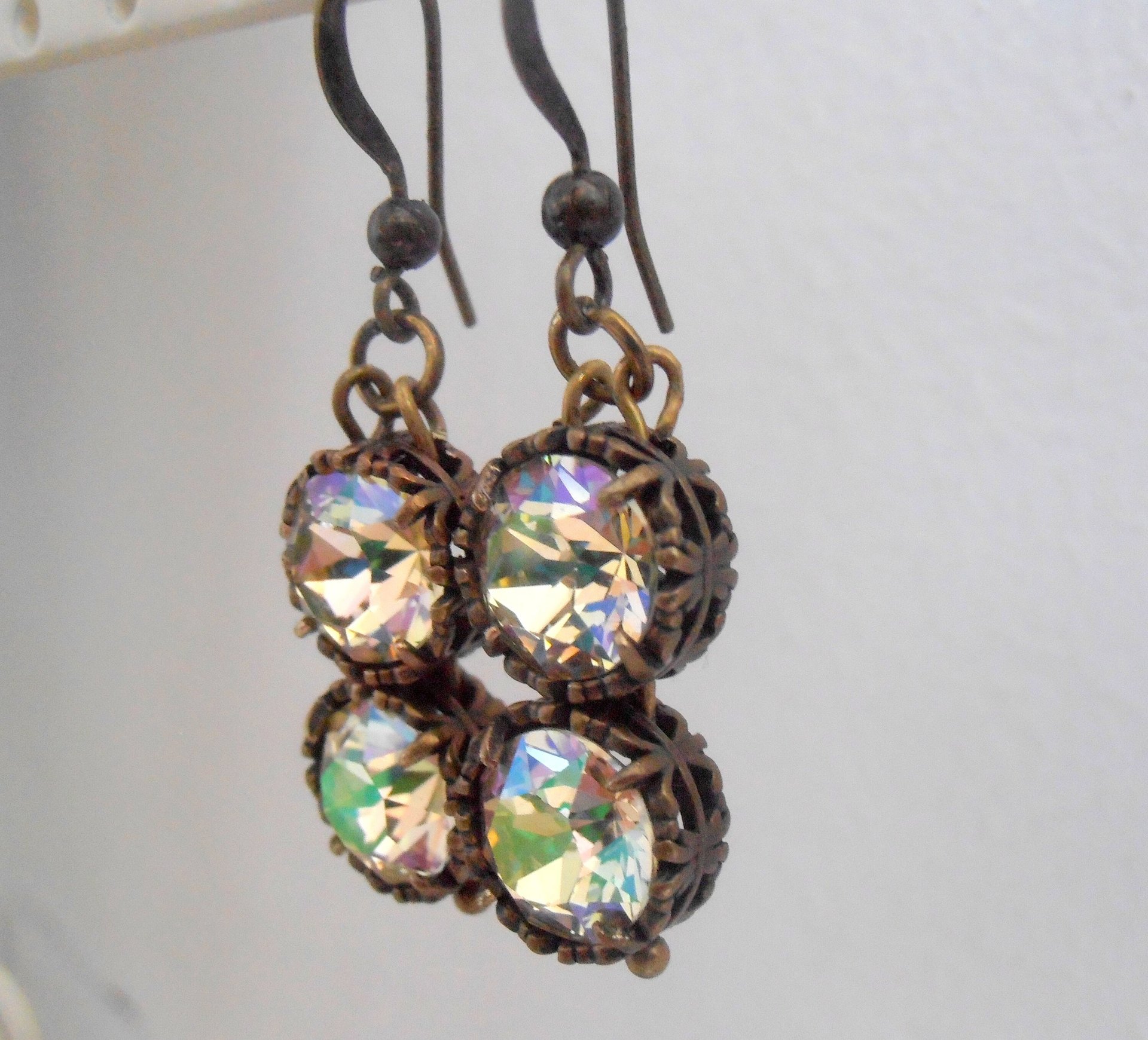 Luminous Green Bronze Drop Earrings with  Crystals / Art deco Fancy Jewelry / Birthday Gift / Vintage Dangle Hooks /