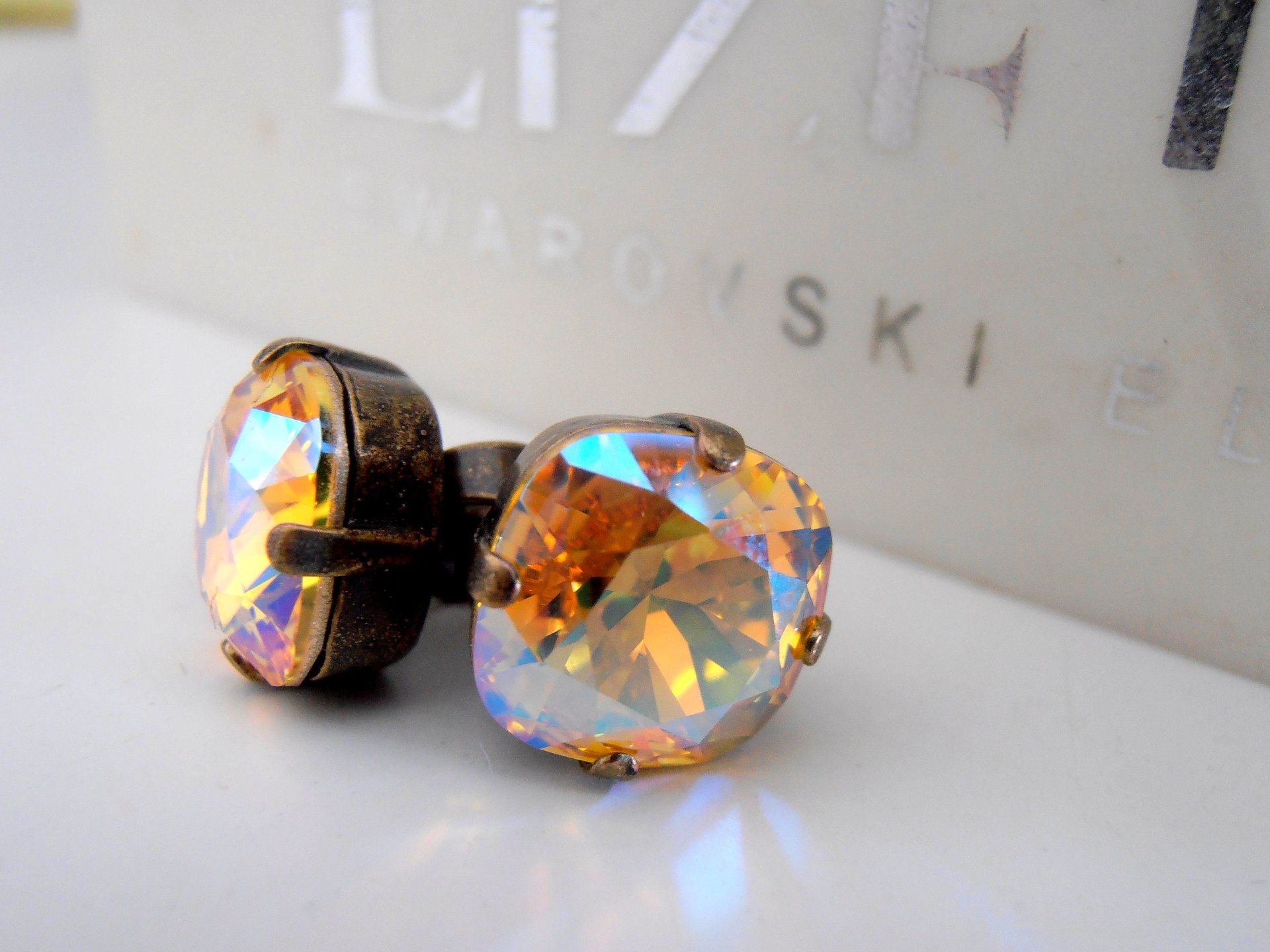 Light Topaz Shimmer Cushion Cut Earrings with  Crystals 4470 / 10mm Antique Bronze Studs / Post Pierced Dainty Jewelry / Birthday