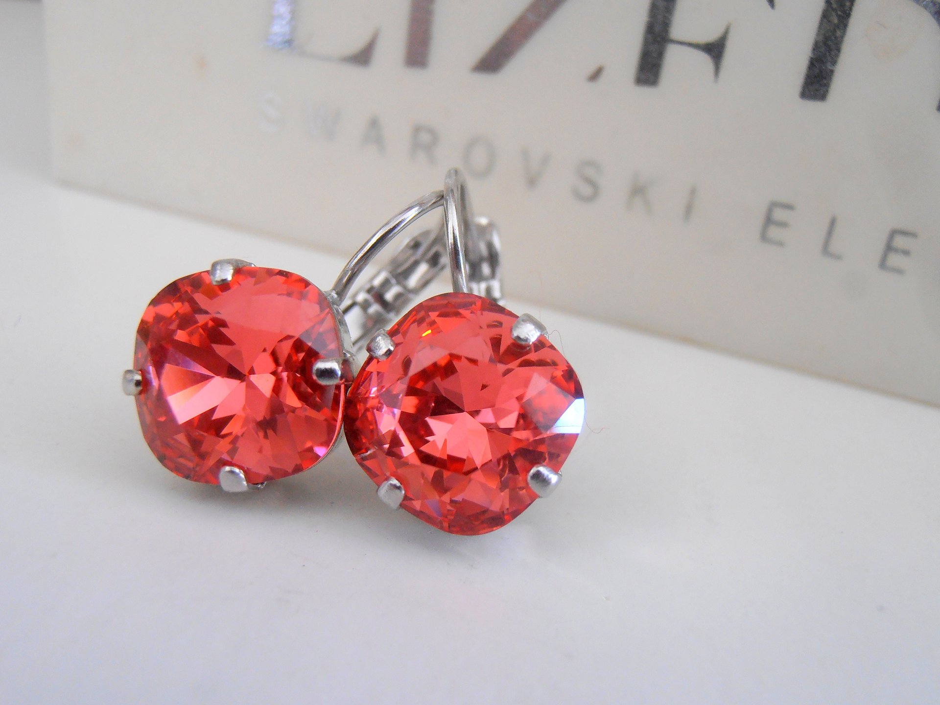 Padparadscha Cushion Cut Earrings 4470 / Lever back Dangle & Drop Crystal Jewelry 12mm / Bohemian Birthday Gift