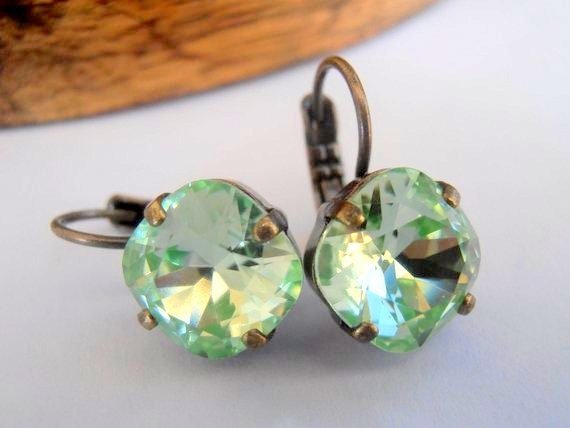 Chrysolite Bronze Earrings with Square Green Crystals / Lever back Cushion Cut Dangle Setting 4470 12mm / Antique Jewelry / Birthday