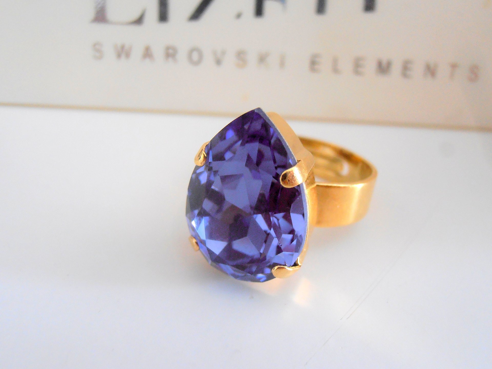 Tanzanite Blue Adjustable Pear Ring in Gold / Crystal Band / Statement Artisan Jewelry / Birthday Gift / Women Fashion Accessories