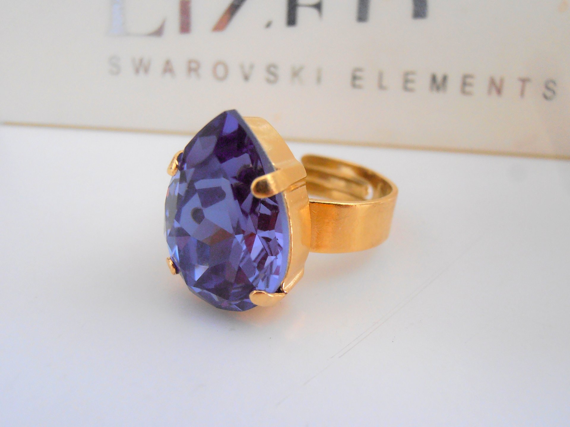 Tanzanite Blue Adjustable Pear Ring in Gold / Crystal Band / Statement Artisan Jewelry / Birthday Gift / Women Fashion Accessories