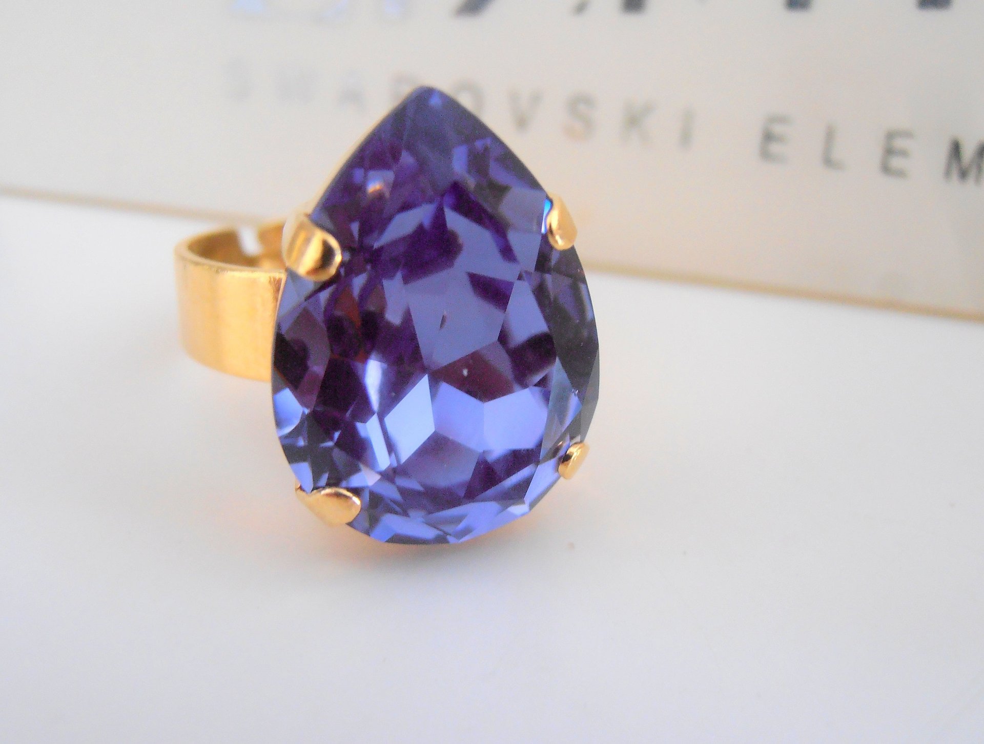 Tanzanite Blue Adjustable Pear Ring in Gold / Crystal Band / Statement Artisan Jewelry / Birthday Gift / Women Fashion Accessories