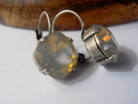 Sand Opal Cushion Cut Earrings 4470 10mm / Dangle & Drop Golf / Wedding Jewelry / Women Birthday Gift / Square Cut