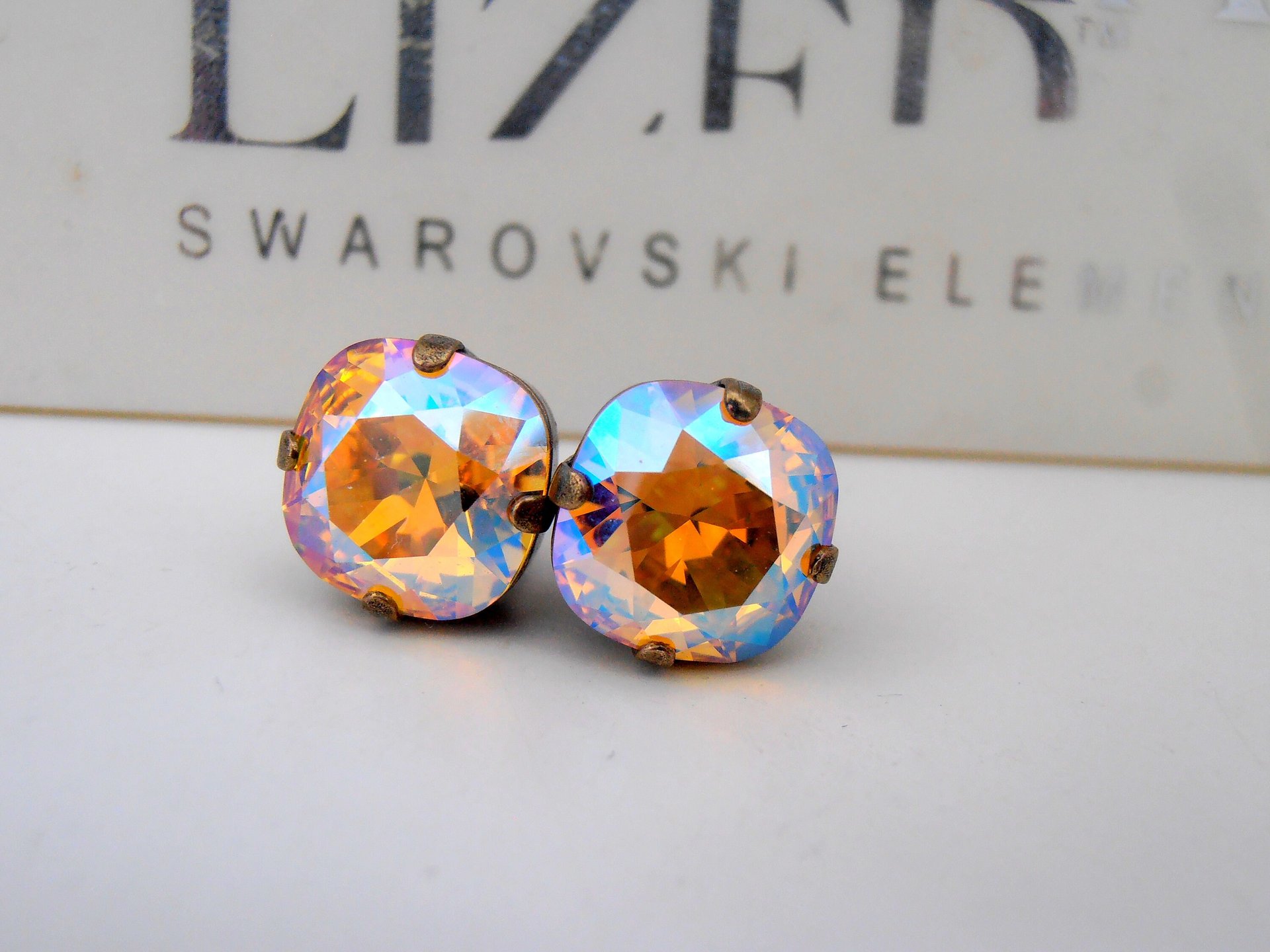 Light Topaz Shimmer Cushion Cut Earrings with  Crystals 4470 / 10mm Antique Bronze Studs / Post Pierced Dainty Jewelry / Birthday