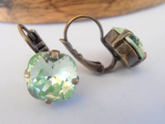 Chrysolite Bronze Earrings with Square Green Crystals / Lever back Cushion Cut Dangle Setting 4470 12mm / Antique Jewelry / Birthday