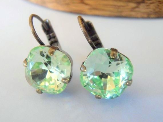 Chrysolite Bronze Earrings with Square Green Crystals / Lever back Cushion Cut Dangle Setting 4470 12mm / Antique Jewelry / Birthday