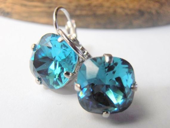 Teal Blue Cushion Crystal Earrings | Women Jewelry Gifts