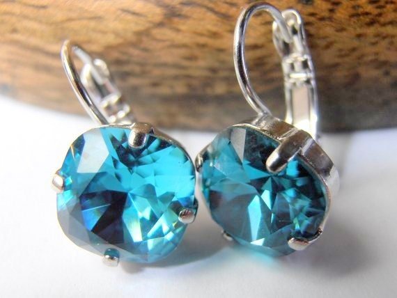 Teal Blue Cushion Crystal Earrings | Women Jewelry Gifts