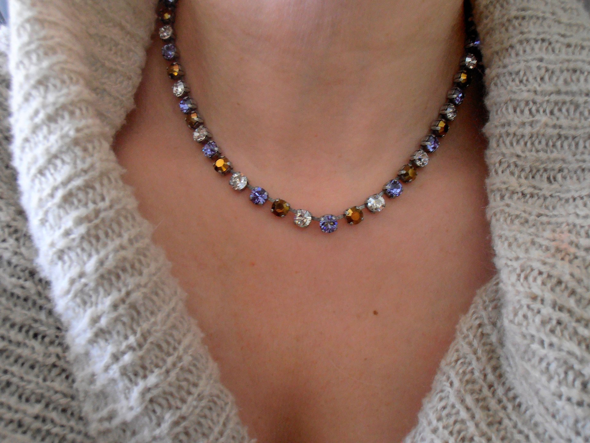 Multicolor Tanzanite Crystal Tennis Necklace, Chatons Collet, Cup chain Choker, Tanzanite Blue/Dorado Brown, Gift For Her