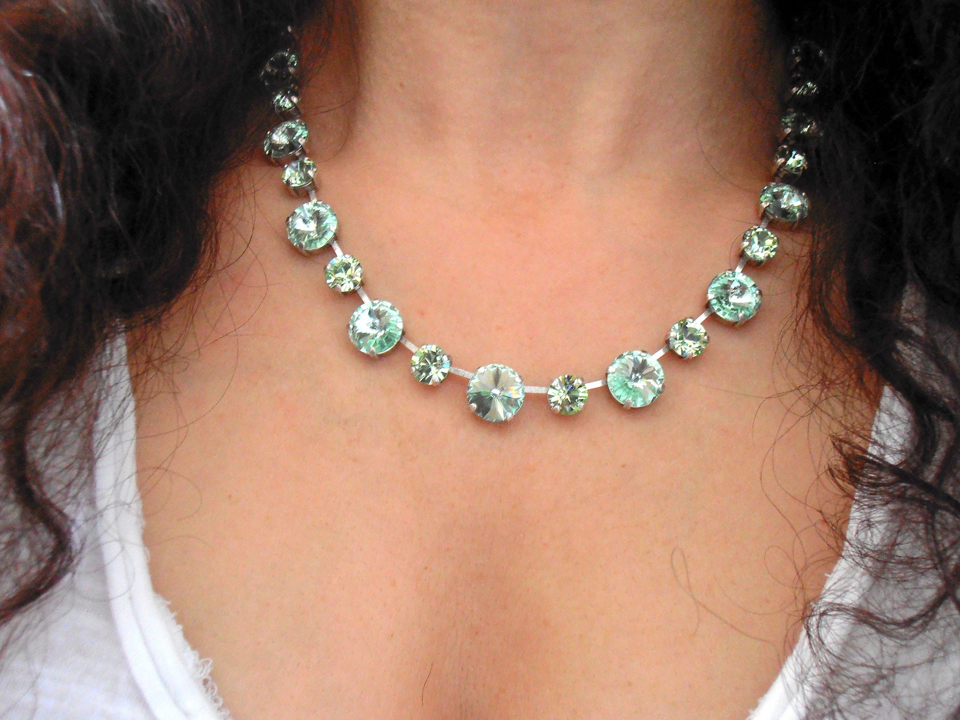 Chrysolite Green Crystal Necklace,Tennis Cup Chain Choker, 12mm Rivoli 1122 Collet, Statement Women Jewelry, Birthday gift