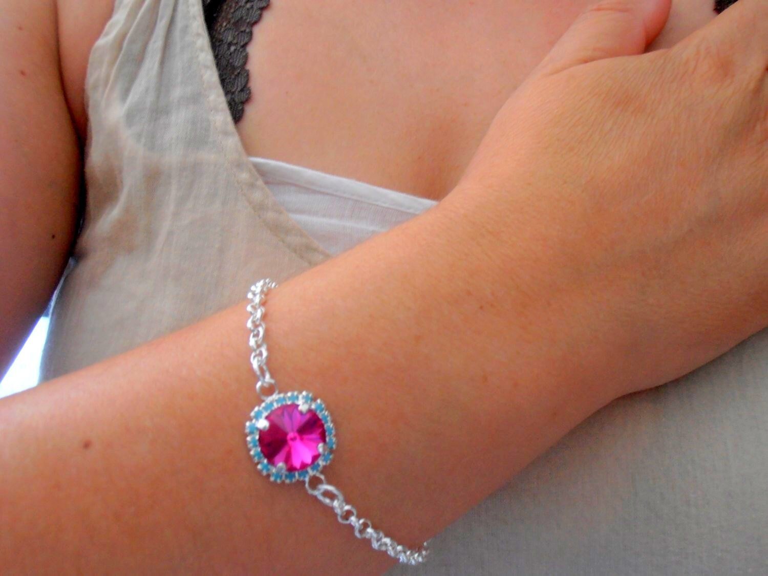 Turquoise Fuchsia Micro Pave Chain Bracelet with Rivoli Crystal / Women Everyday Silver Jewelry / Mother's Day Gift