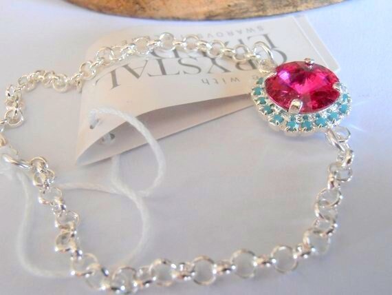 Turquoise Fuchsia Micro Pave Chain Bracelet with Rivoli Crystal / Women Everyday Silver Jewelry / Mother's Day Gift