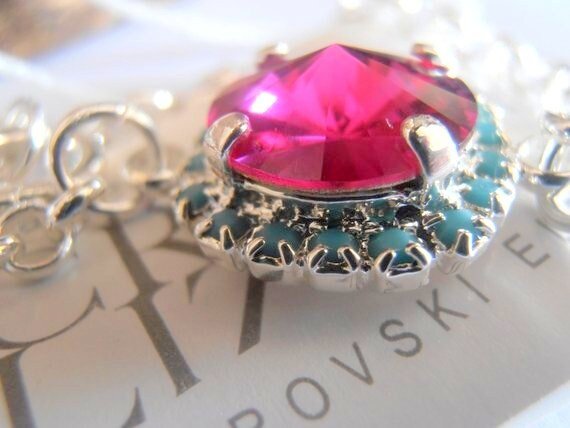 Turquoise Fuchsia Micro Pave Chain Bracelet with Rivoli Crystal / Women Everyday Silver Jewelry / Mother's Day Gift