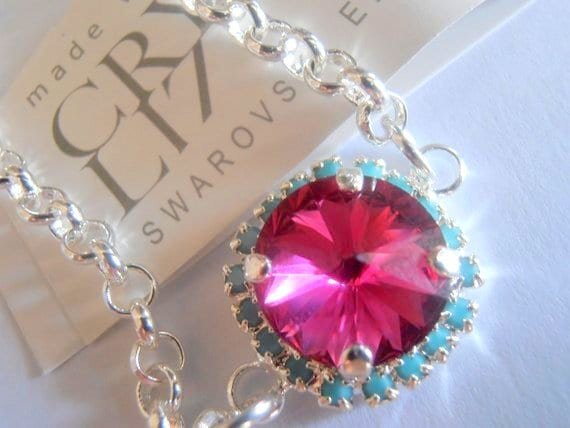 Turquoise Fuchsia Micro Pave Chain Bracelet with Rivoli Crystal / Women Everyday Silver Jewelry / Mother's Day Gift