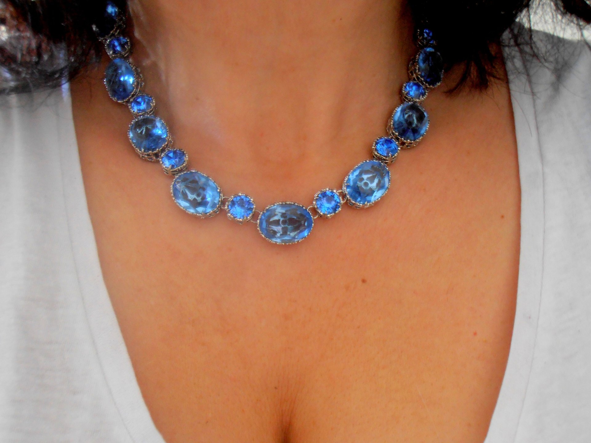 Sapphire Blue Collet Necklace made with Fancy Crystals / Art Deco Blue Choker 13x18mm Oval / Statement Edwardian Jewelry / Women Gift