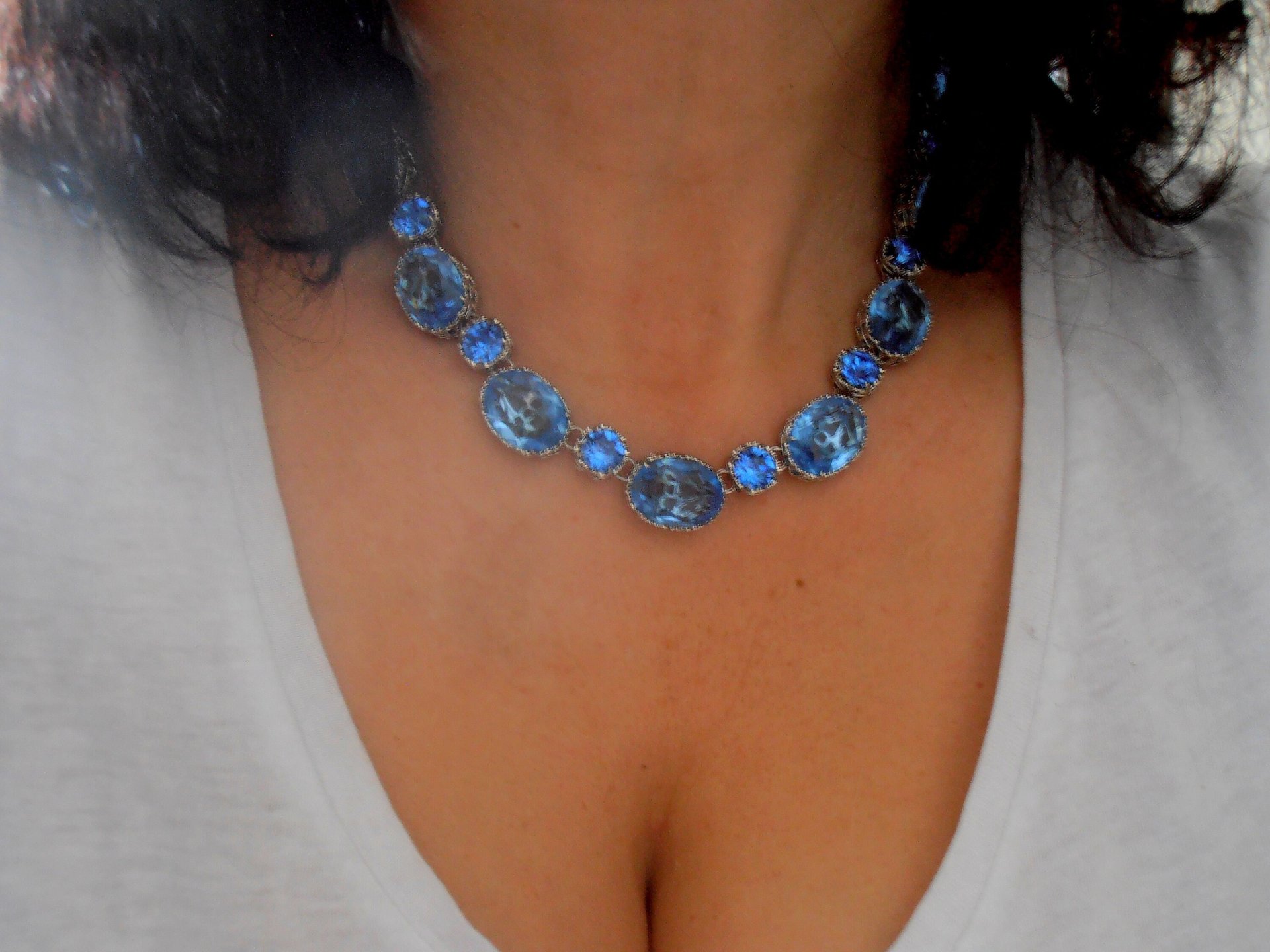 Sapphire Blue Collet Necklace made with Fancy Crystals / Art Deco Blue Choker 13x18mm Oval / Statement Edwardian Jewelry / Women Gift