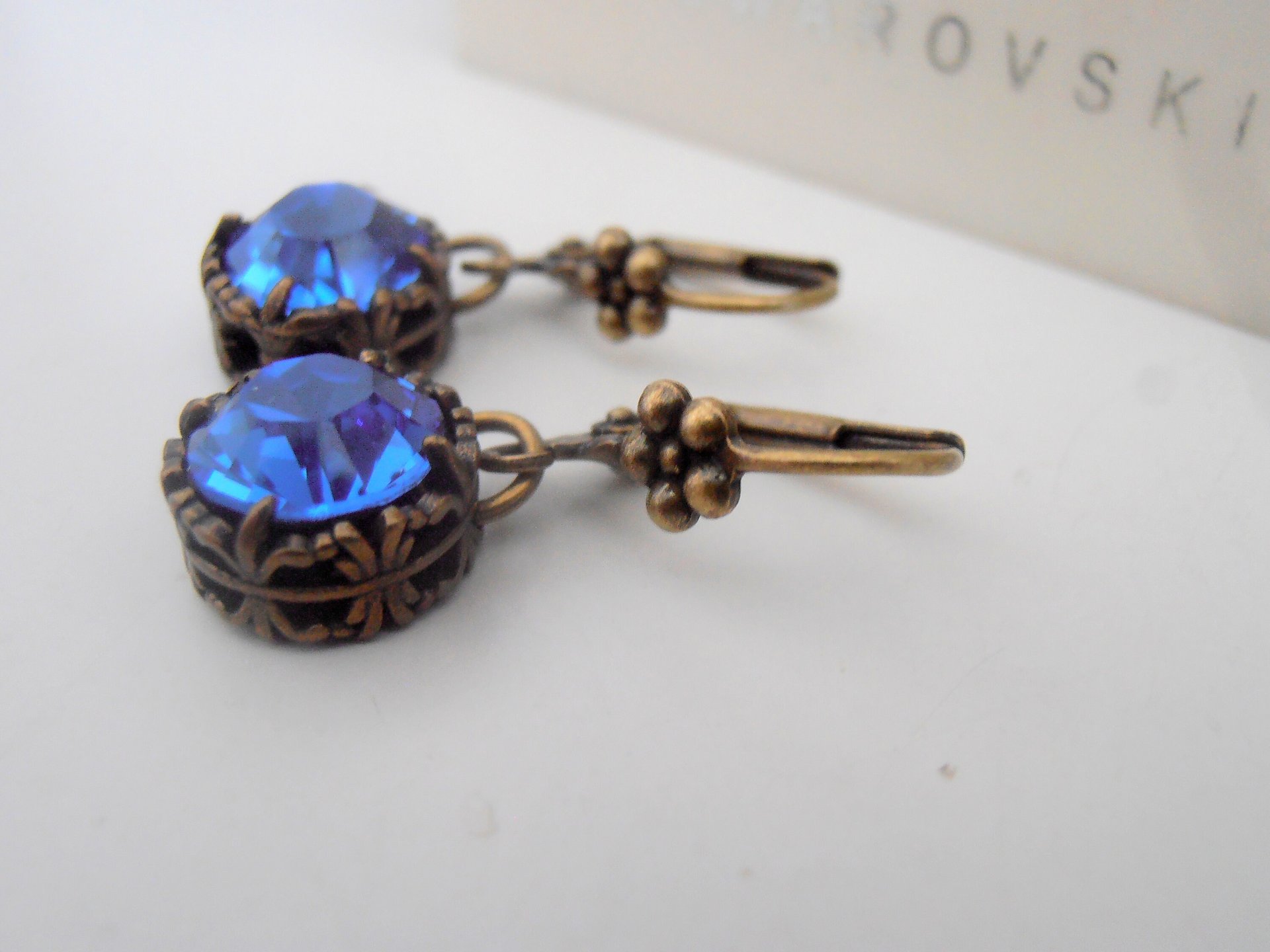 Blue Sapphire Crystal Earrings in Bronze, Antique Filigree Jewelry, Dangle & Drop Lever back Earrings, Vintage Mother's Day Gifts