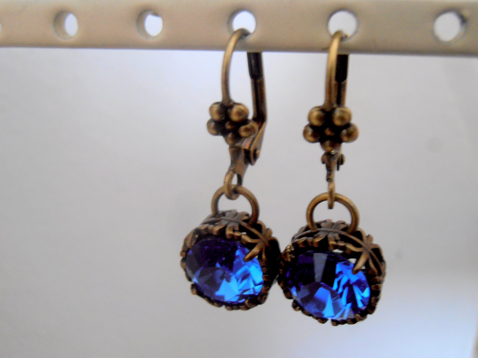 Blue Sapphire Crystal Earrings in Bronze, Antique Filigree Jewelry, Dangle & Drop Lever back Earrings, Vintage Mother's Day Gifts