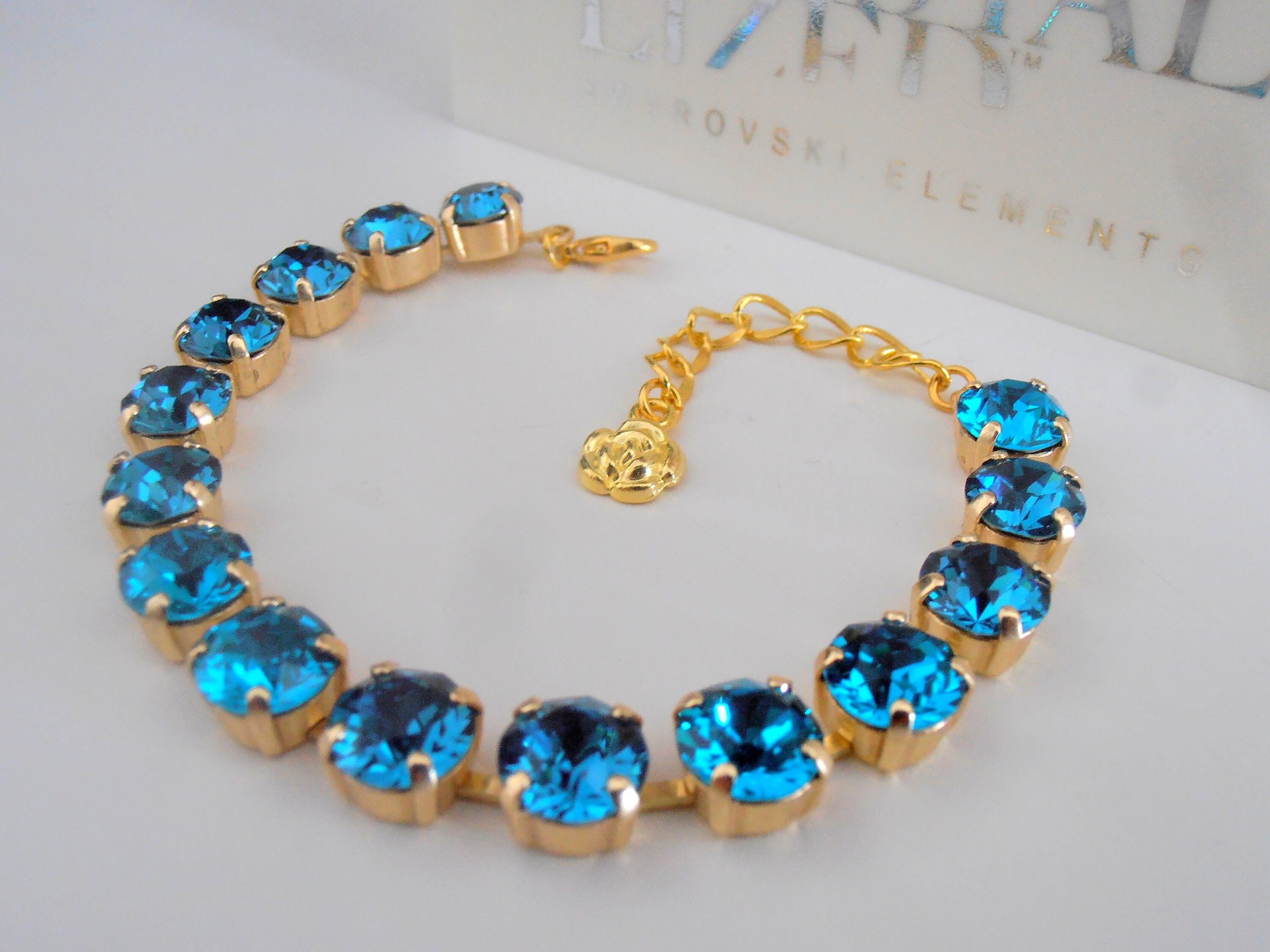 Blue Zircon Tennis Gold Cup chain Bracelet, Prom Party Jewelry, Crystal Chatons SS39, Chain & Link, Women Birthday Gift